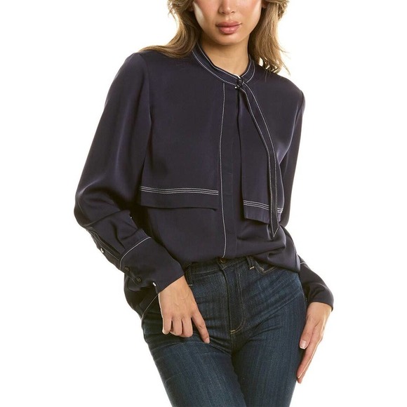 Rebecca Taylor Tops - Rebecca Taylor Navy Blue Satin Paneled Tie Neck Long Sleeve Blouse Size 0
